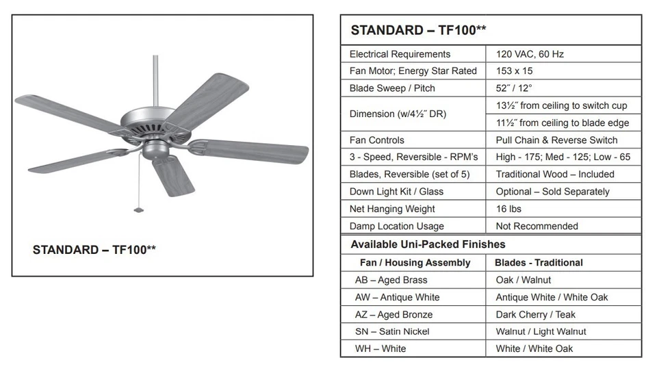 Fanimation Edgewood Standard 5-Bladed 52" Ceiling Fan, Reversible Blades TF100AZ - Image 3 of 4