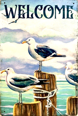 Bird Seagull Welcome Metal Wall Sign 12'' x 8''