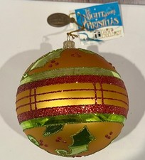 Katherines Collection Christmas Gold w/Red Green Hollies Glass Ball Ornament