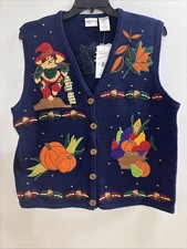 Bobbie Brooks Cardigan Sweater Vest Womans XL Blue Fall Harvest Thanksgiving