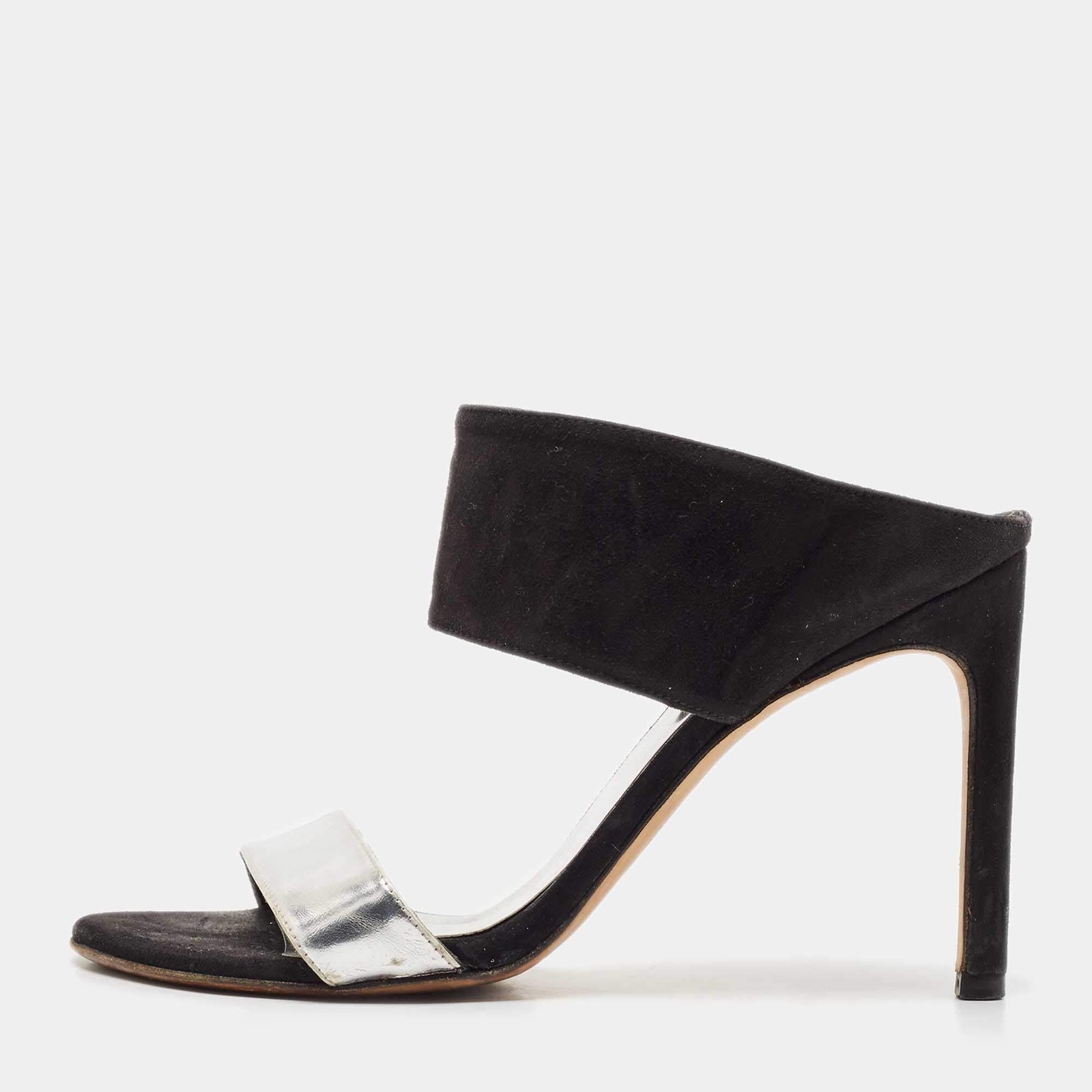 Stuart Weitzman BlackSilver Suede and Leather Slide Sandals Size 37.5