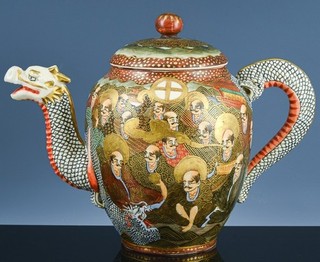 FINE JAPANESE MEIJI SATSUMA MORIAGE ENAMEL DRAGON IMMORTAL FIGURAL TEAPOT SIGNED