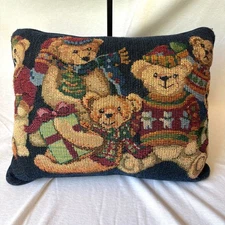 Holiday Tapestry Throw Pillow Teddy Bear Christmas Winter 15x12 Gifts Sweaters