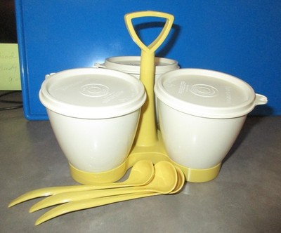 Vintage Tupperware Harvest Gold Condiment Caddy Set w/ 3 Spoons