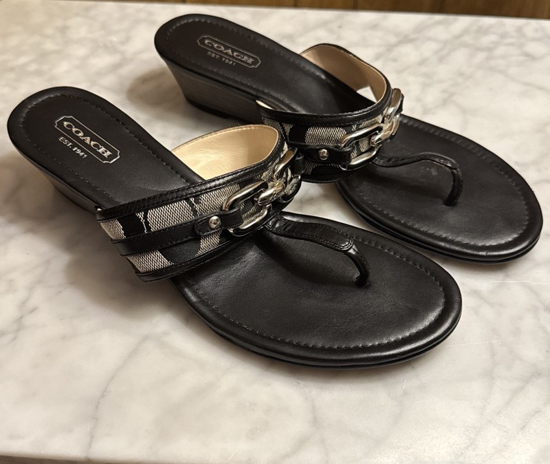 Coach Virginia Thong Wedge Sandal Navy Monogram Print Size 7 1/2 B
