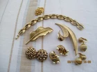 Lot Crown Trifari Gold Tone Jewelry-3 Pins-3 Earrings-1 Bracelet