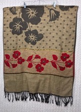 Reversible Floral Pattern Wool Shawl Wrap with Fringe
