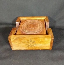 Vintage Handcrafted 6 Solid Wooden Coasters Holder Brass Inlay India