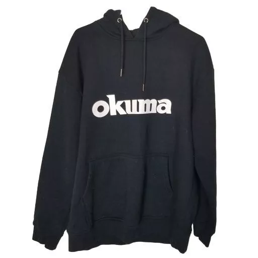 Okuma Mens 2L Black Long Sleeves Spell Out Pullover Hoodie Sweatshirt Pockets