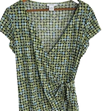 Wrap Dress WMs 16 Green Blue Polka Dot V-Neck Cap Sleeve Stretch Geometric Retro