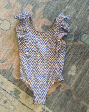 JCrew Crewcuts Ruffle One Piece Swim Suit Pink Blue and White 6-7 Gently worn