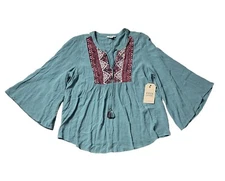 Frye And Co Womens Split Tie Neck 3/4 Sleeve Blouse Medium Blue 100% Rayon