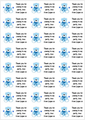 Personalisierte 48 blaue Bär Sterne Aufkleber Etiketten Party Tasche süße Zapfen Danke