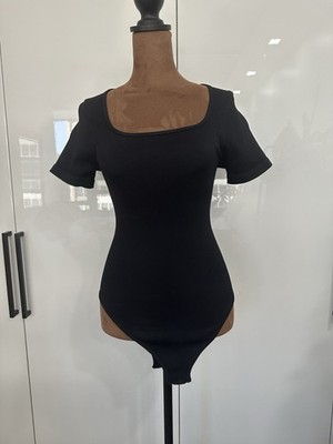 Ribbed Square Neck Bodysuit Sleek Fitted Black Size Medium Short Sleeve