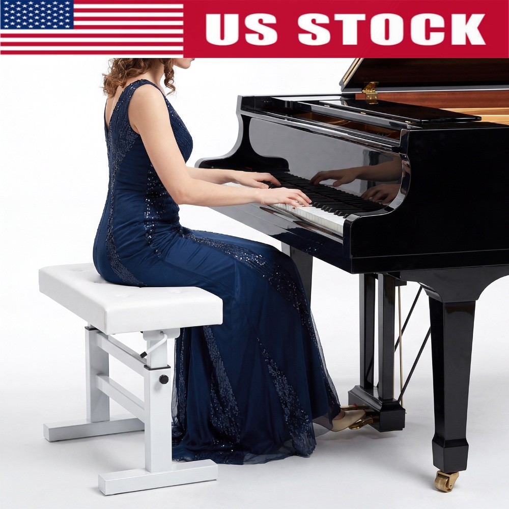 Height Adjustable Piano Bench PU Leather Heavy Duty Non-Slip(White)