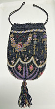 Antique 1900s Victorian Micro Beaded Reticule Drawstring Purse Black Floral Pouc