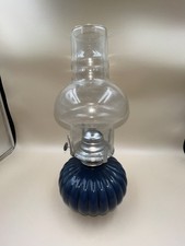 Vintage Farms Blue Glass Oil Lamp Burner Ribbed Melon Hurricane Light Paraffin
