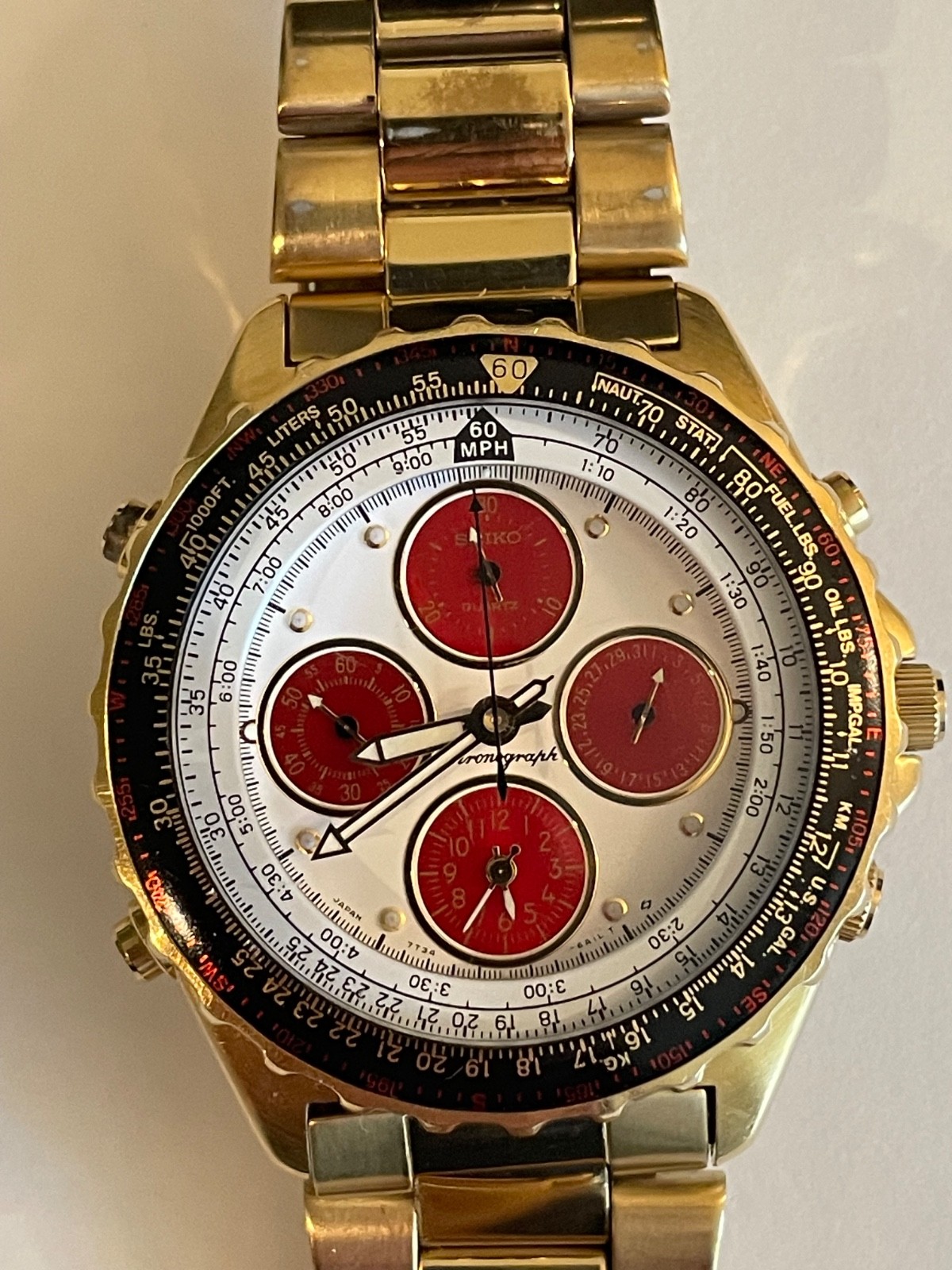 Seiko Flightmaster Alarm Chronograph 7T34-6A0H Japan Men’s Watch Gold Tone Red P image 2