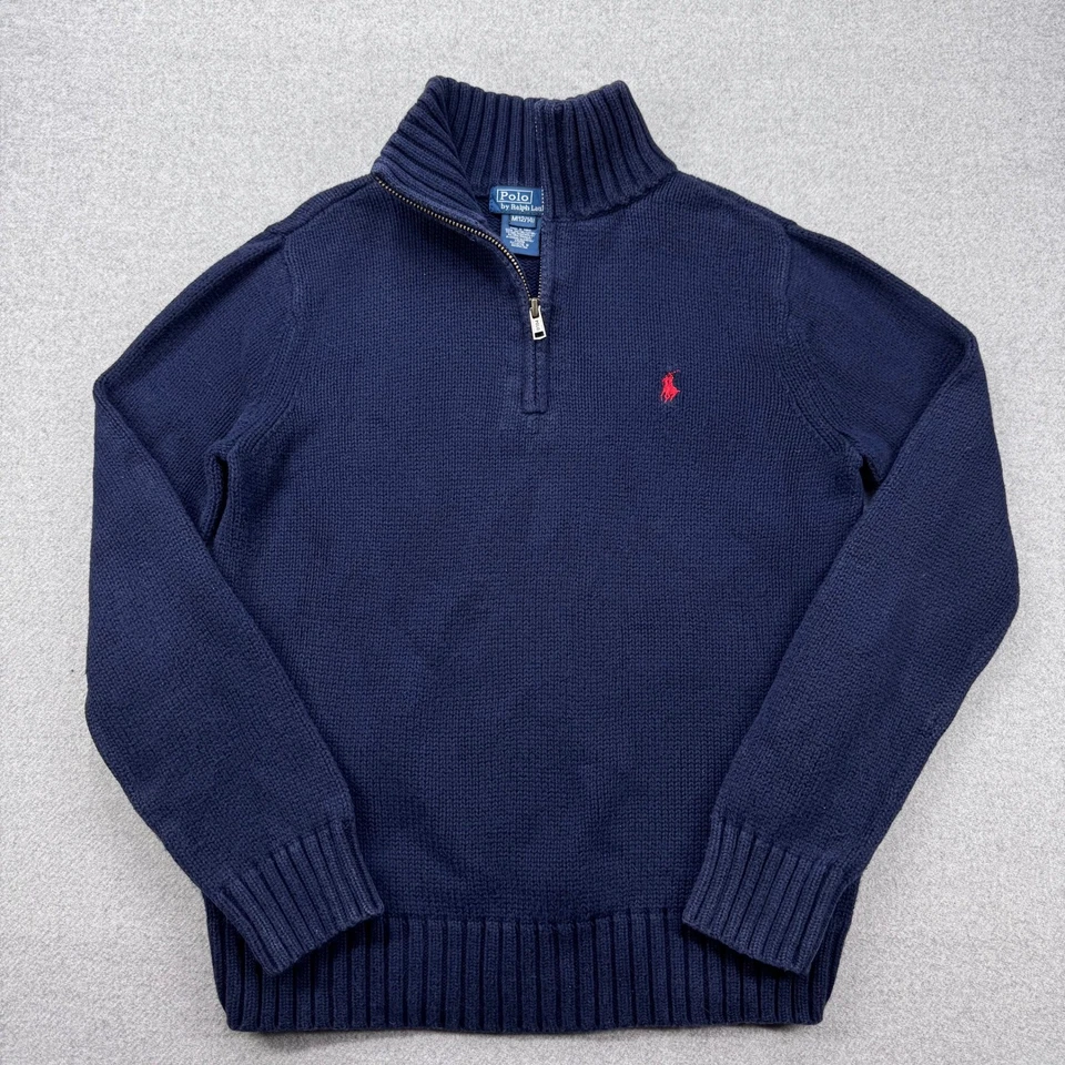 Suéter Polo Ralph Lauren Masculino 1/4 Zíper Tamanho 12/14 Azul Marinho Algodão Vermelho Pônei - Imagem 2 de 4