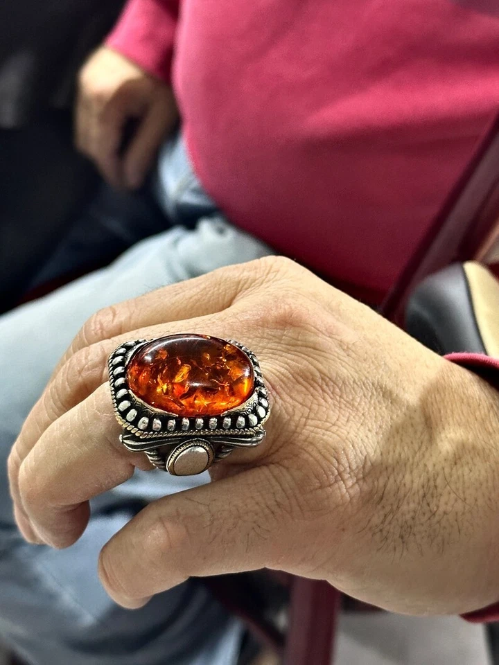Anillo ámbar grande de plata para hombre estilo otomano naranja ovalado 925 anillo de ley regalo Foto 3 de 4
