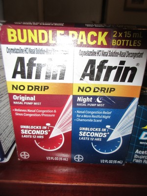 Afrin No Drip Original + Night Nasal Pump Mist 12 Hour Relief 2x 15ml Bottles