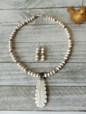 White Abalone Carved Shell Feather Howlite Turquoise Silver Necklace Earring Set