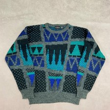 Vintage Knitted Jumper Abstract Patterned Grandad Knit Sweater Men's L