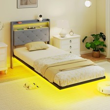 Single Size Bed Frame with RGB LED Lights, Floating Upholstered Bed, Grey
