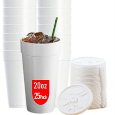 20 OZ Foam Cups With Lids for Hot & Cold Drinks, USA-Made 25-Pack. Ideal Styr...
