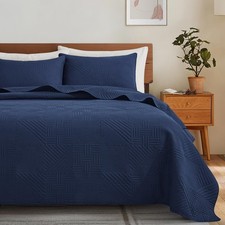 Navy Quilt King Size with Pillow Shams, Summer Soft Geometric Pattern Bedspre...