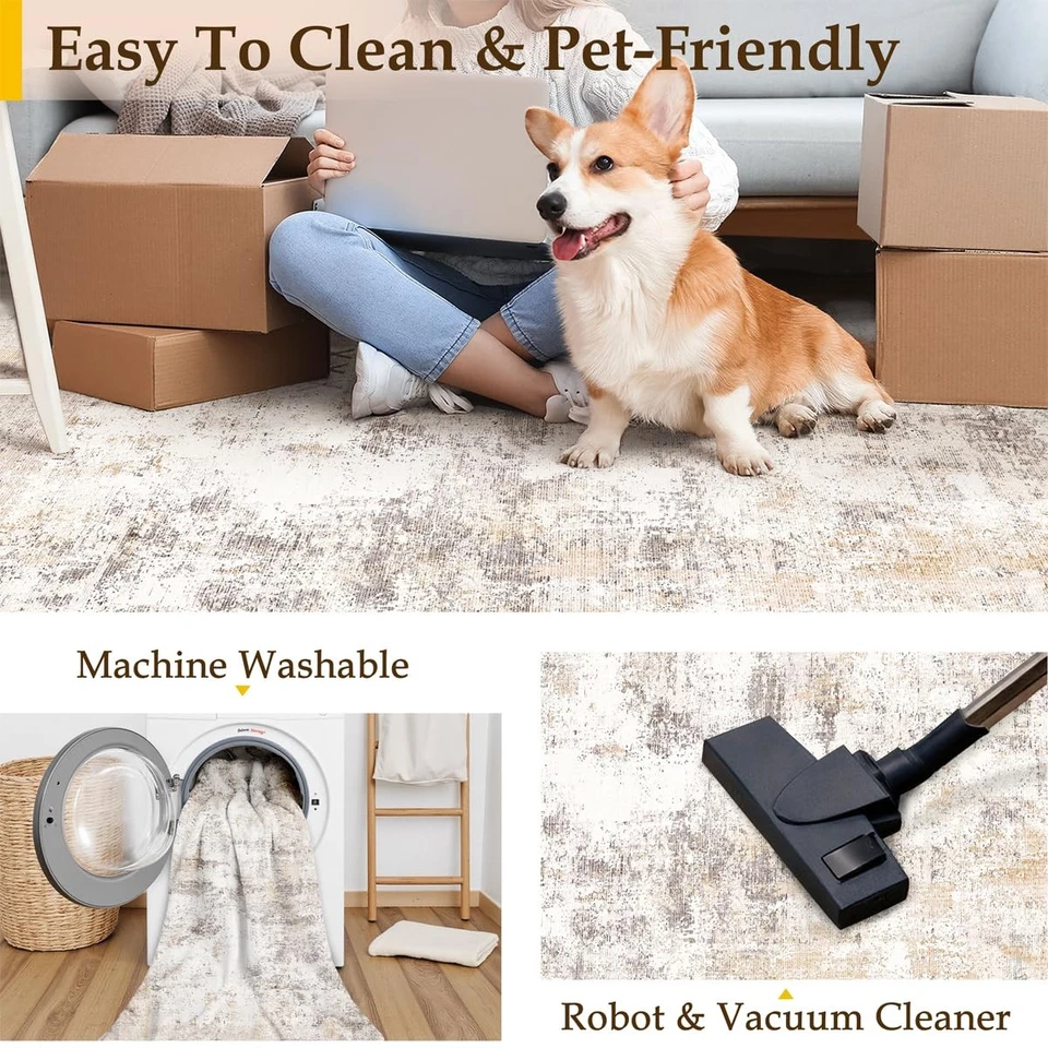 5x5 Washable Round Rug Beige Grey Abstract Living Room Bedroom Area Rug Neutr... - Image 4 of 4