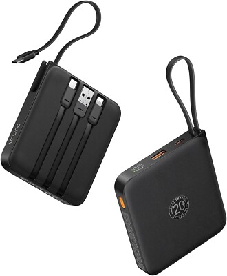 10000mA Mini Tragbares Ladegerät mit integriertem Kabel 22,5W Schnellladen USB Schwarz