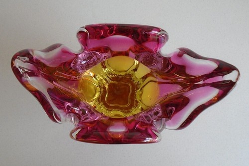 CHRIBSKA sommerso art glass cats head ear vase pink orange JOSEF HOSPODKA Czech - Picture 5 of 12