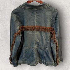 Cato Jean Jacket Womens Leather Fringe 18w Metal Buttons Stretch Blue Denim