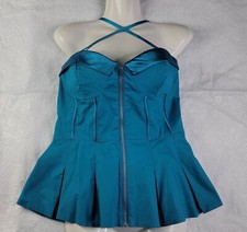2b Bebe Ceena Peplum Bustier Couture Corset Top Front Zip Up Blue Turquoise NWT
