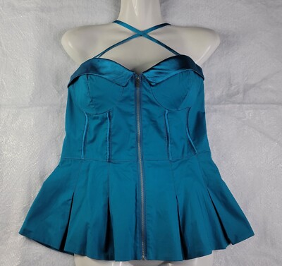 2b Bebe Ceena Peplum Bustier Couture Corset Top Front Zip Up Blue Turquoise NWT