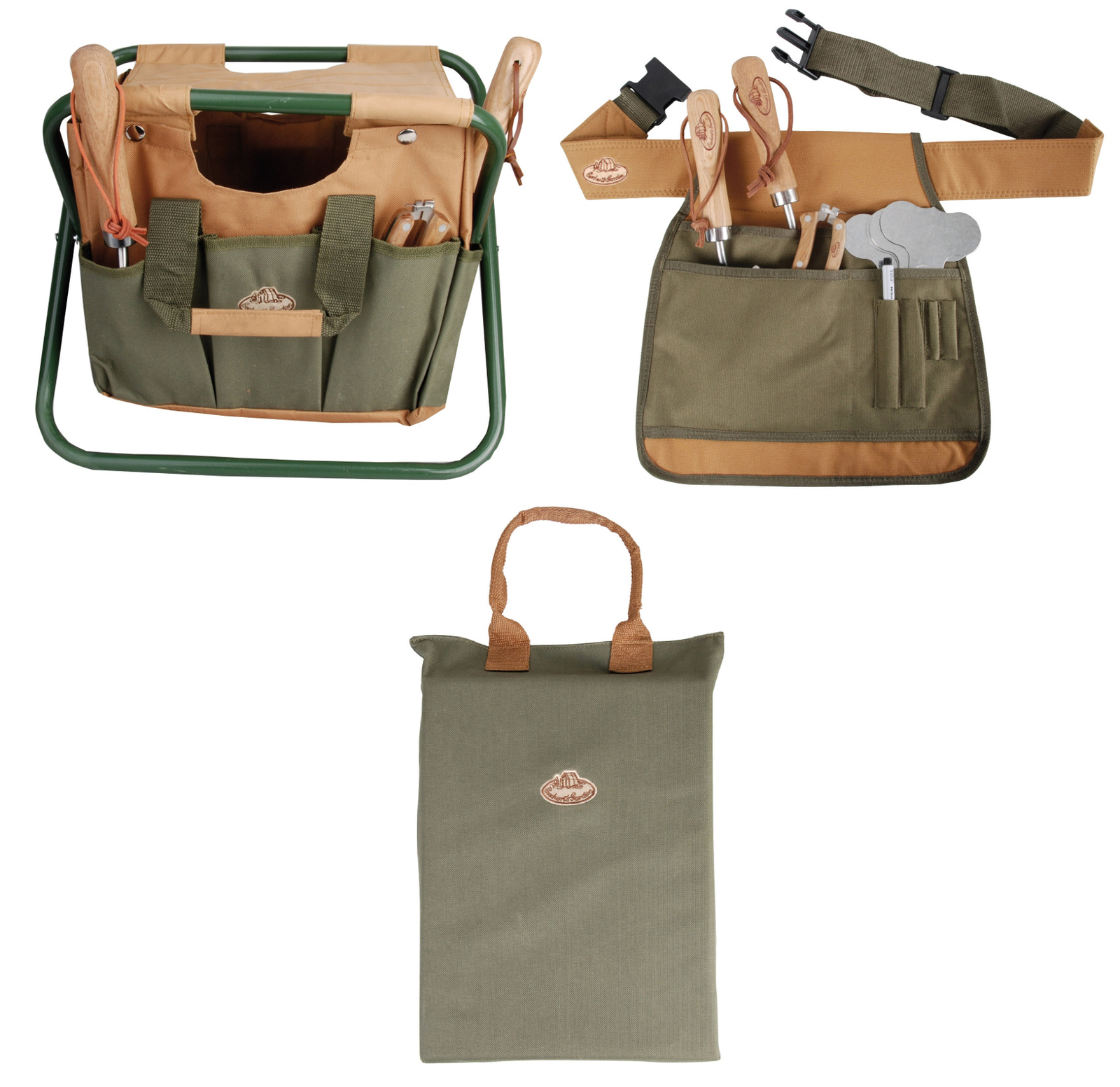 Garden Tool Storage Stool Kneeling Pad & Tool Belt Khaki & Brown Gardening Set