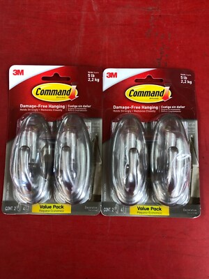 (4) PACK 3M 17053BN COMMAND DESIGNER LARGE HOOK HOLDS 5 lb. DECORATIVE SILVER