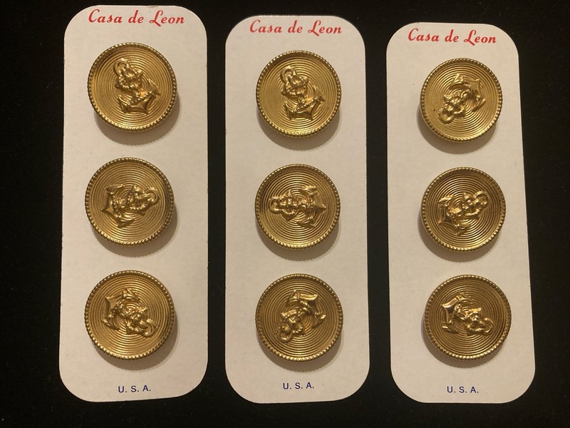 9 Vintage Casa De Leon Navy SHIP ANCHOR Buttons USA - 3 Cards Gold Tone - Estate
