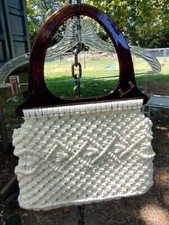 Vintage Clutch Handbag Purse Tote Macrame White with Plastic Handles