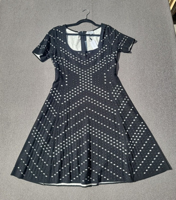 Milly XL Black White Pointelle Jacquard Flare Dress 864