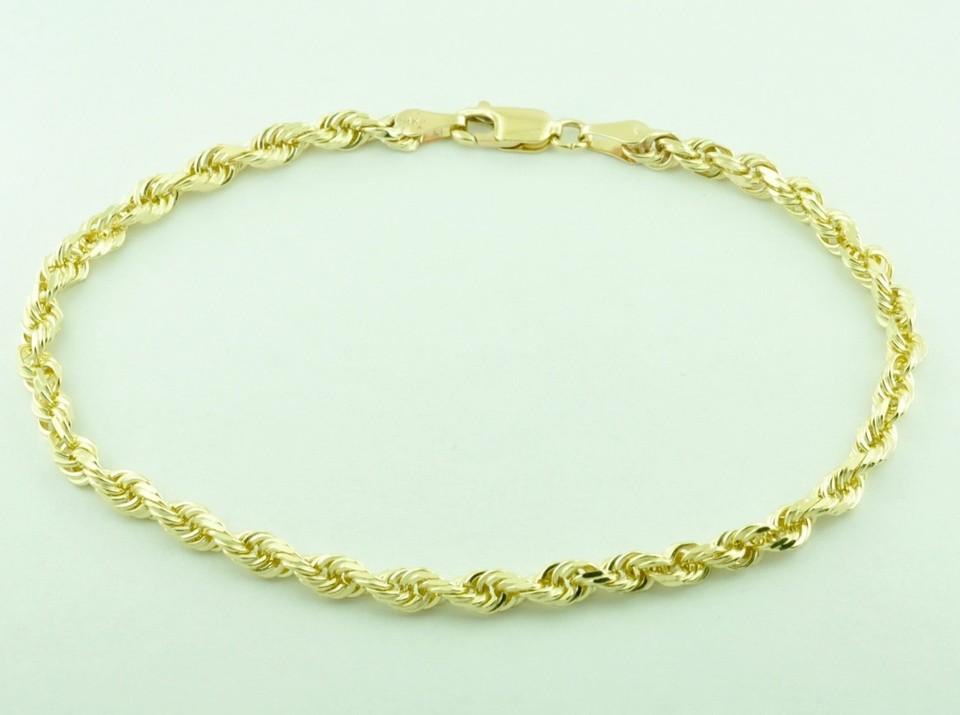 14k Yellow Gold Solid Diamond Cut Rope Bracelet 1.5mm