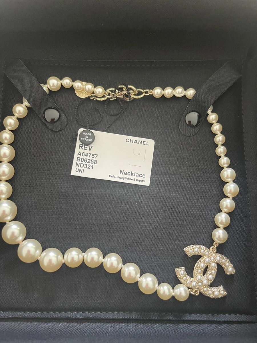 Chanel CC Faux Pearl Crystal Silver Tone Long Necklace Chanel