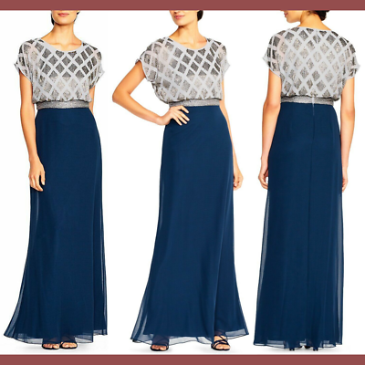 NWT Adrianna Papell Beaded Colorblock Blouson Gown Silver Navy [SZ 6P ]  #G497 | eBay