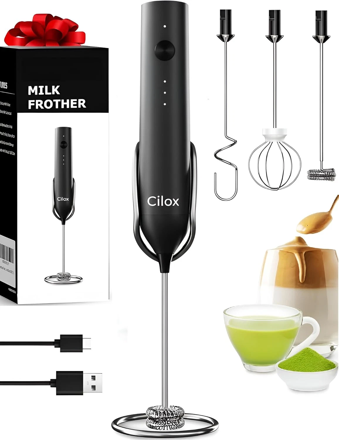 Rechargeable Milk Frother Handheld with 3 Whisk and Stand, 3 Speed Frother Wand
