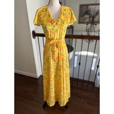 Vintage 70s Kitty Yellow Pink Green Floral Ruffle Collar Boho Cottage Maxi Dress