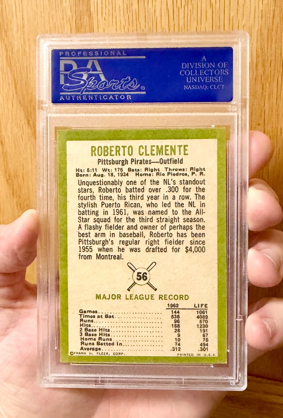 1963 Fleer #56 Roberto Clemente - PSA 6 EX-MT - Stunning Great Centering view 2