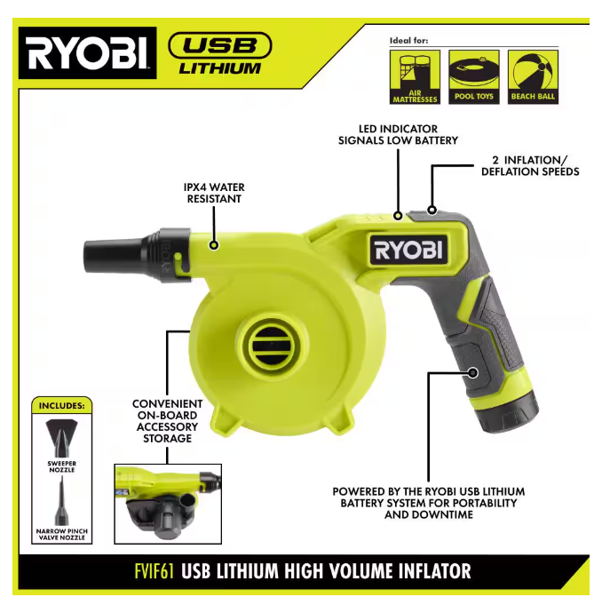 Ryobi High Volume Inflator W/ USB Lithium 2 Ah Battery & Charging Cord ...