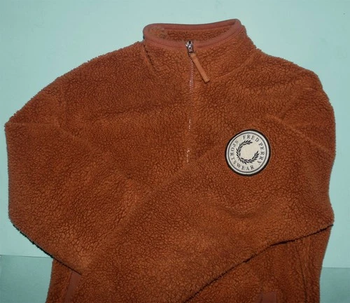 Fred Perry Brown vtg textured borg/sherpa fleece full-zip sweater jacket polo M image 3