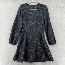 Uniqlo Dress M Black Polka Dots Babydoll V-Neck Ballon Sleeve Knee Length Pocket